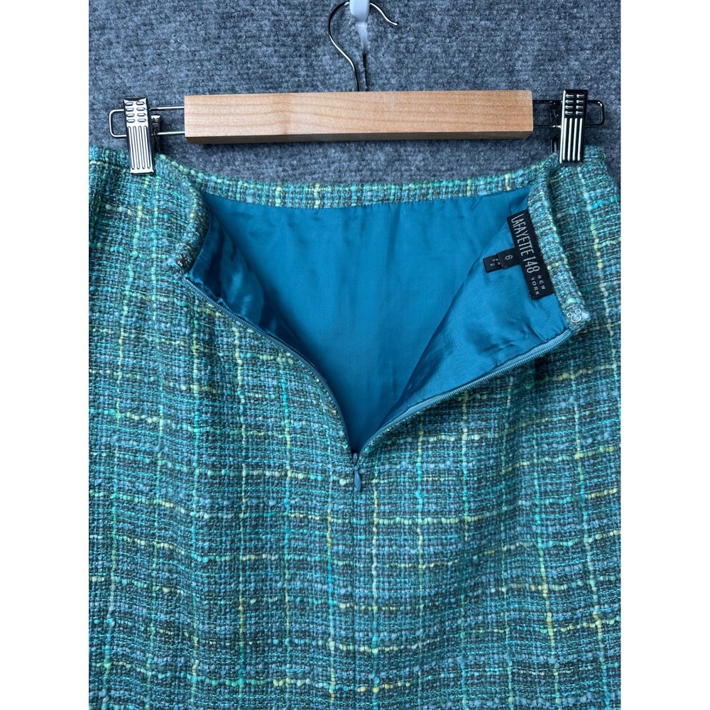 Lafayette 148 Womens Leather Trim Tweed Skirt 6 Professional Green Wool Blend - Picture 7 of 12